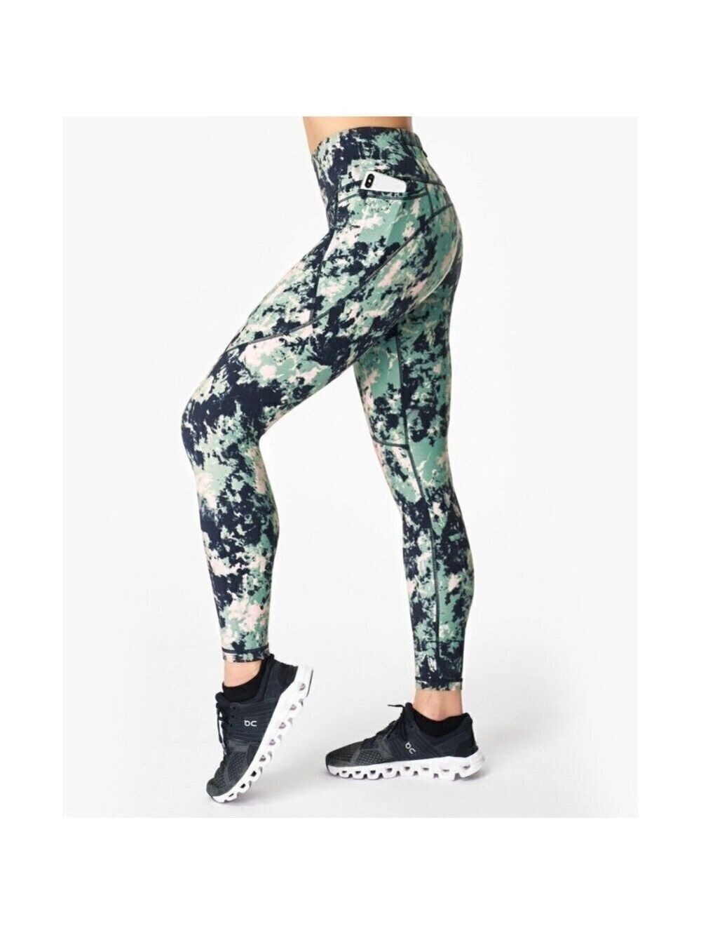 SWEATY Betty BNWOT "power pocket" tights 7/8 sz XXS NEW Green abstract tie dye